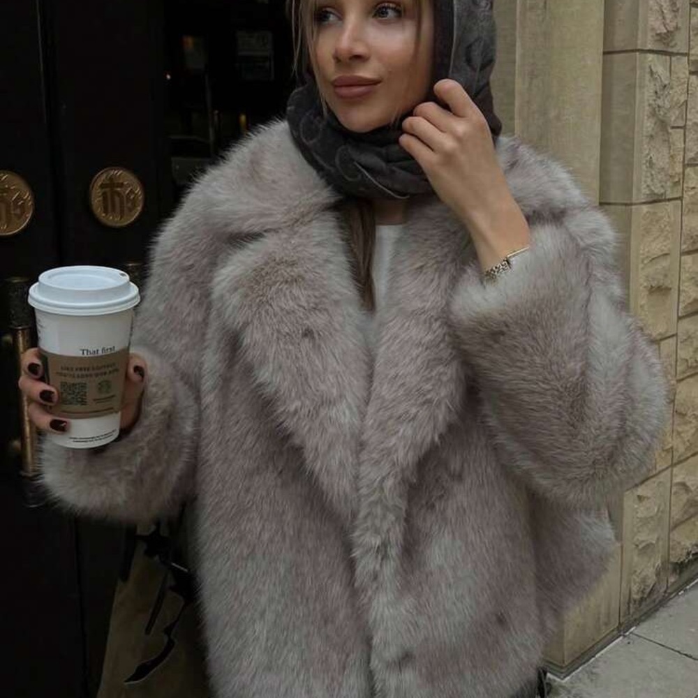 Elegant women Gray Faux Fur Coat two tone tan gray jacket